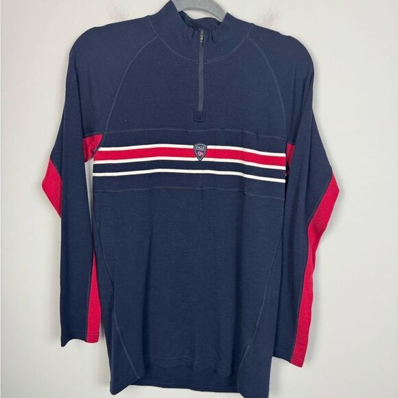 DALE OF NORWAY | 1/4 Zip Navy Blue, Red, White Sweater 100% Wool Men’s Size L - Picture 1 of 7